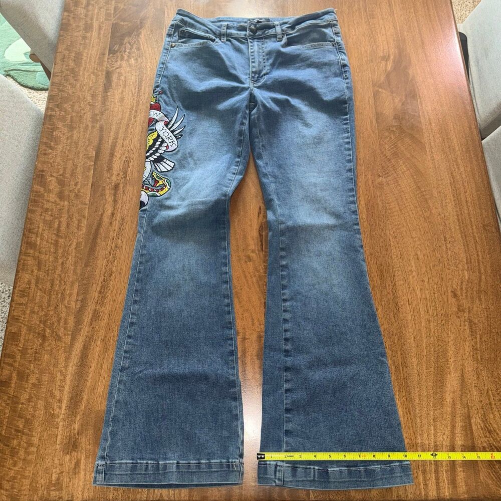 Ed Hardy Slim Flare Jeans Vtg Tattoo Skull Graphic New York City Denim Size 30 - Picture 5 of 8